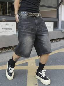 Manfinity EMRG 男士宽松灰色牛仔短裤，休闲阔腿夏季短裤 - 灰色 - 查看 3