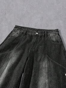 Manfinity Denimwave 男士休闲街头风做旧弧形宽松黑色牛仔裤 - 黑色 - 查看 7