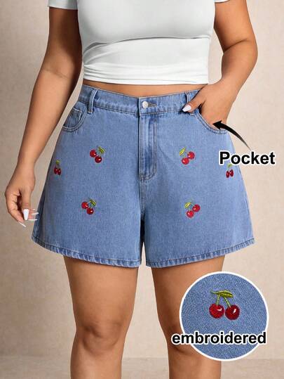 Elaquor Plus Size Casual Washed Cherry Embroidery Denim Shorts