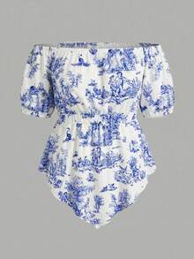 INAWLY Blouse ample pour femmes avec imprimé bleu et blanc de porcelaine, manches en pétale, taille haute, ourlet asymétrique, Top décontracté - Blanc - Voir 2