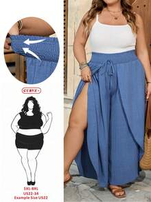 SHEIN CURVE+ Curve 尺码 US22 音乐节、海滨度假、波西米亚纯色时尚休闲宽松喇叭裤，适合夏季穿着 - 藍色 - 查看 2