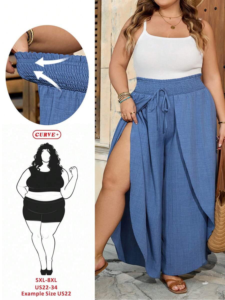 SHEIN CURVE+ Curve 尺码 US22 音乐节、海滨度假、波西米亚纯色时尚休闲宽松喇叭裤，适合夏季穿着