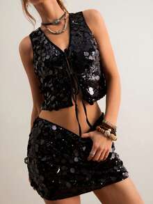 Freevana Women's Solid Color Sequin Front Tie Vest And Mini Skirt 2-Piece Set, Suitable For Party - Black - View 6