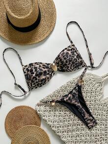 Costavie Bộ đồ nghỉ hè 2 món dành cho nữ, gồm áo quây hai dây màu trơn và bikini dây mảnh với họa tiết vòng tròn vàng. - Nhiều màu - Xem 3