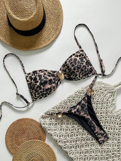 Swim SXY 两件套女士夏季度假套装，纯色吊带金色圆圈装饰抹胸上衣和丁字裤比基尼套装