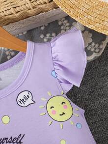 SHEIN Baby Girl Round Neck Cartoon Letter Print Ruffle Sleeve Dress, Suitable For Daily Wear - Purple - View 11