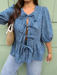 Vionelle 大码春夏系带休闲度假优雅衬衫 - 藍色 - 查看 3