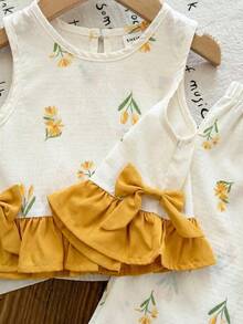 SHEIN Baby Girl Summer Cute Yellow Striped Camisole Top And Elastic Waist Pants Set - Yellow - View 3