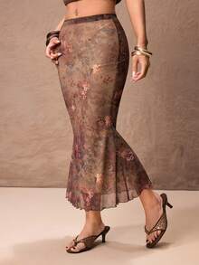 ROMWE PETITE 女士朋克风花卉佩斯利印花荷叶边鱼尾裙 - 彩色 - 查看 6