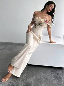 Firerie Bộ áo liền quần ống rộng phối lưới thêu hoa thanh lịch dành cho nữ - Màu be - Xem 8