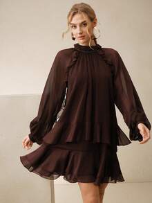 Anewsta Vestido de gasa de lujo de manga larga con pliegues y volantes elegantes de color marrón para mujer - Marrón - Ver 5