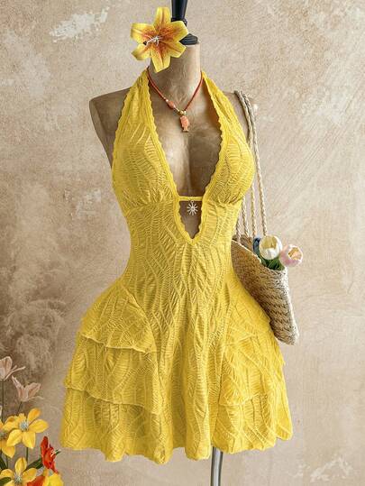 Soleia Đầm mini nữ kiểu dáng thường ngày, gợi cảm, năng động, màu vàng cổ chữ V, họa tiết hoa hướng dương, buộc dây cổ, nhiều lớp bèo nhún, hở lưng, thích hợp cho đi biển, du thuyền, du lịch đường bộ, kỳ nghỉ biển, mùa cưới, bãi biển.