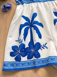 Soleia Bộ áo liền quần nữ in hình cây cọ, kiểu dáng thường ngày. - Xanh và trắng - Xem 5