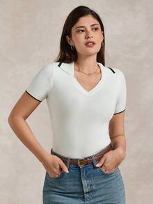 Briarwyn Women's Minimalist Contrast Trim Collared Short Sleeve Knit Top, Summer - White - View 4