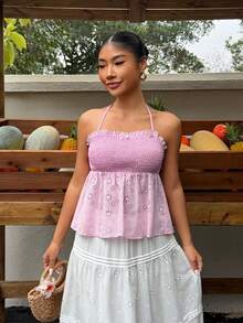 Sunnyshic Women's Pink Embroidered Halter Neck Tie Camisole, Fashionable Versatile For Outings, Dates, Beach Vacations, Cute & Sweet, Spring/Summer Back To School Season - Pink - View 3