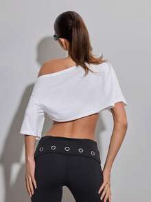 SHEIN ICON Women's Casual Sexy Holiday Fashion Street Letter Print Asymmetrical Neck Cropped Top, Summer - White - View 2