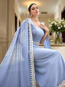 Al Najma 女士蓝银色花卉拼接方领连衣裙 - 藍色 - 查看 1