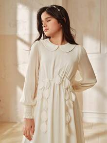 Đầm dài dáng chữ A họa tiết hoa, cổ Peter Pan, tay cánh hoa, trang trí eo, hàng mới về mùa Xuân/Hè của Anewsta Girls. - Màu be - Xem 3