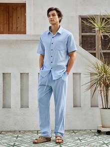 Mercer Haus 2pcs Men's Linen Set, Solid Color Single-Breasted Short Sleeve Shirt And Pants Suit, Lightweight Casual Summer Linen Clothing For Men, Cozy Outfits , Suitable For Summer Tropical Holiday Vacation In Hawaii. - Blue - View 5