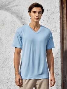 Mercer Haus Men's Fashionable Versatile Solid Color Casual V-Neck Slim Fit Short Sleeve T-Shirt, Summer , Suitable For Summer Tropical Holiday Vacation In Hawaii. - Baby Blue - View 3