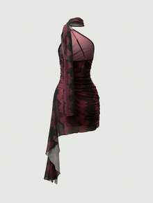 Opuloom 女士时尚复古印花露肩系带收腰不对称下摆休闲连衣裙，适合日常穿着、约会、聚会、春夏穿着。 - 彩色 - 查看 2