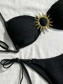 Swim Mod Women's Sexy Solid Color Tie-Up Bikini Set, Vacation Fashion - Black - View 6