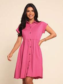 Coeurva Damen einfarbiges Lässig Minikleid mit Knopfleiste und Kurzarm - Pink - Übersicht 1