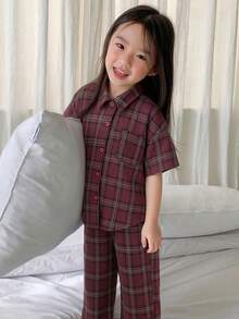 DAZY Kleine Mädchen Karomuster Knopfleiste Kurzarm Top und Hose Pyjama Set - Bordeaux - Übersicht 4