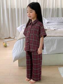 DAZY Kleine Mädchen Karomuster Knopfleiste Kurzarm Top und Hose Pyjama Set - Bordeaux - Übersicht 5