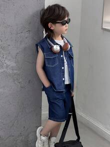 DAZY Young Boy Summer Casual Front Button Flap Pocket Denim Vest And Denim Shorts Set - Blue - View 7