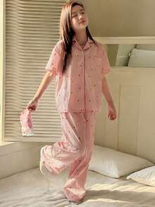 DAZY 少女心形印花撞色滚边家居服套装，秋夏季 - 粉色 - 查看 3