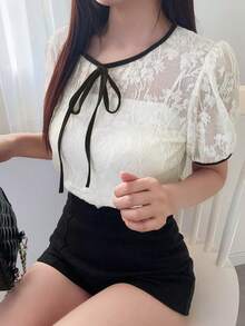 FRIFUL Women's Spring/Summer Short Sleeve Contrast Color Drawstring Bow Tie Loose Casual Sexy Versatile T-Shirt Golf White - White - View 7