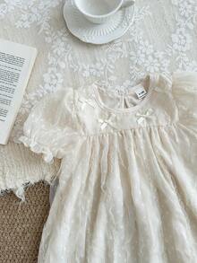 SHEIN Baby Girl Bow Decor Short Puff Sleeve Casual Dress - Apricot - View 5
