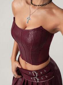 SHEIN ICON Women's Solid Color Fashionable Bandeau Top, Short Fitted Ribbed Design - Burgundy - View 6