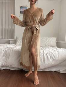 DAZY Women's Lace & Velvet Patchwork Loose Long Robe, Suitable For Spring & Autumn/Winter Pajamas - Apricot - View 3