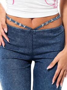 BABYPHAT Women's Denim Look Low Rise Jersey Flare Leggings With Trim Detail Stretchy Wide Leg Pants - Blue - View 4