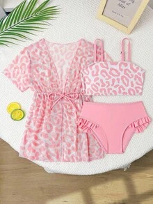 Bộ đồ bơi 3 món cho bé gái, họa tiết da báo hồng dễ thương, kiểu dáng thời trang, thanh lịch, phù hợp cho bơi lội, nghỉ mát và mùa hè. - Hồng - Xem 1