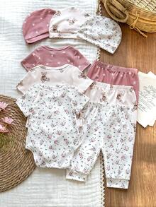 Vintaside Kids 3pcs/Set Newborn Baby Girl Ditsy Floral Romper, Pants And Hat, Countryside Style Fashion Cute Elegant Comfortable Soft Fabric Outfit - Pink - View 3
