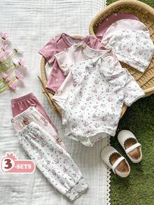 Vintaside Kids 3pcs/Set Newborn Baby Girl Ditsy Floral Romper, Pants And Hat, Countryside Style Fashion Cute Elegant Comfortable Soft Fabric Outfit - Pink - View 4