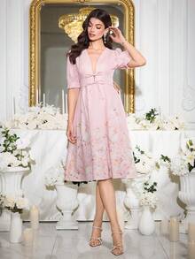 Modelyn Elegant Pink Floral Summer Dress For Women,V-Neck Wedding Ninang Dresses,Graduation Holiday Outfits Wedding Guest Dresses - Pink - View 5