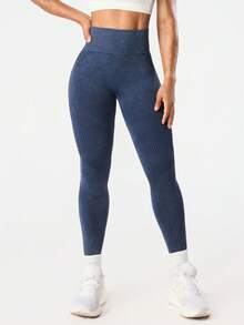 Dewbera Quần legging trơn màu, khoét lỗ, dáng ôm, không đường may, phong cách thường ngày. - Màu xanh hải quân - Xem 4