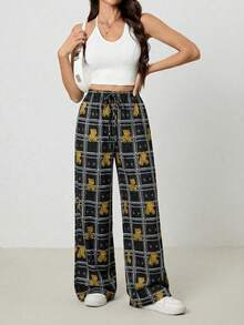 SHEIN Tall Quần ống rộng nữ kẻ caro in hình gấu hoạt hình, cạp chun, kiểu dáng thường ngày. - màu đen - Xem 7