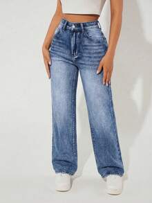 SHEIN PETITE Celana Jeans Denim Wanita Kasual Pinggang Tinggi Potongan Lurus, Serbaguna untuk Perjalanan Sehari-hari, Wanita Bertubuh Mungil - Medium Wash - View 3
