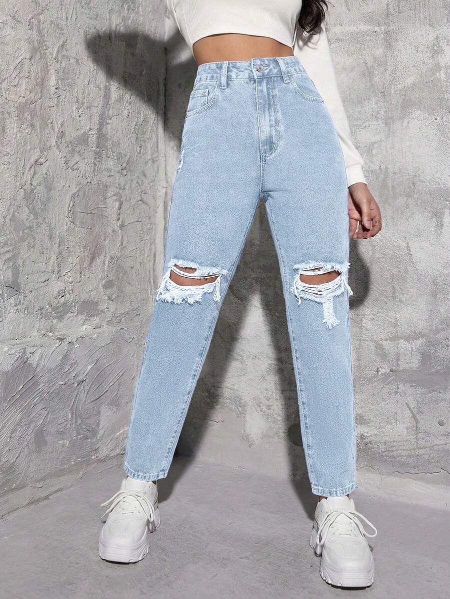 SHEIN ICON Jeans de mezclilla desgastados de cintura alta informal - Azul y blanco - Ver 1