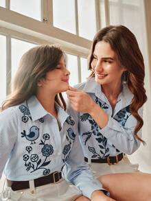 Anewsta Spring New Girls & Tween GirlsLong Sleeve Striped Embroidered Casual Blue Shirt - Blue - View 1