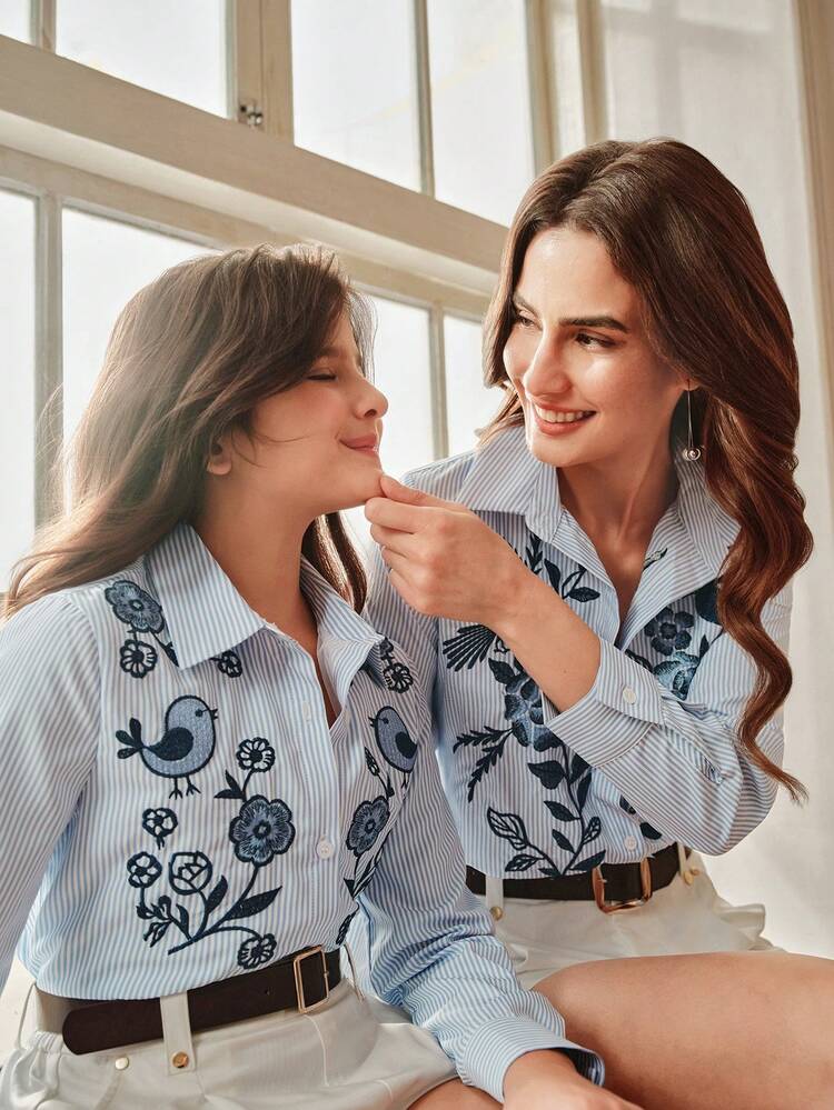 Spring New Girls & Tween GirlsLong Sleeve Striped Embroidered Casual Blue Shirt