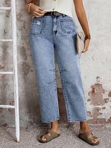 EMERY ROSE 女士休闲时尚街头风日常通勤拼接口袋水洗直筒牛仔裤 - 藍色 - 查看 7