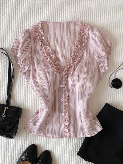 Comfortcana 2026夏季新款粉色条纹V领荷叶边短袖收腰衬衫，优雅女式衬衫，适合假日、情人节、狂欢节、复古辣妹风、女士休闲上衣