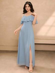 Đầm slip màu trơn cho bé gái, thiết kế xếp ly ở gấu, xẻ tà, thích hợp mặc đi chơi, dự tiệc hoặc đi nghỉ mát. - Màu xanh bụi bặm - Xem 3