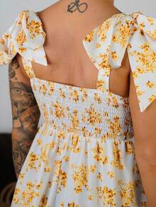 SAYEHFBABY New Ditsy Floral Shoulder Tie Cinched Waist A-Line Dress, Flattering Silhouette, Elegant Casual Vacation Dress - Yellow - View 2